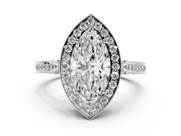Marquise Cut Halo Diamond Engagement Ring with Split Shank Band and Four-Prong Setting Platinum