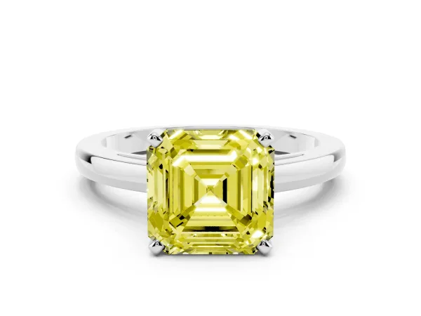 Fancy Yellow Asscher Cut Solitaire Diamond Engagement Ring with Four-Prong Setting on a Classic Band Platinum