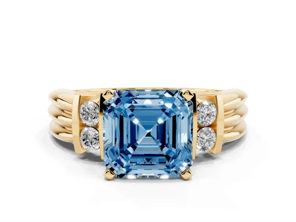 Fancy Blue Asscher Cut Cut Three-Stone Channel Set Ring with Bar Prongs Yellow gold