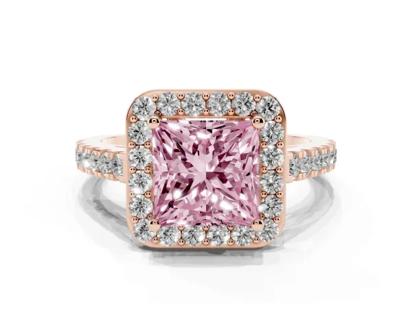 Fancy Pink Princess Cut Diamond Halo Ring with Round Pavé Split Shank and Prong Setting Rose gold