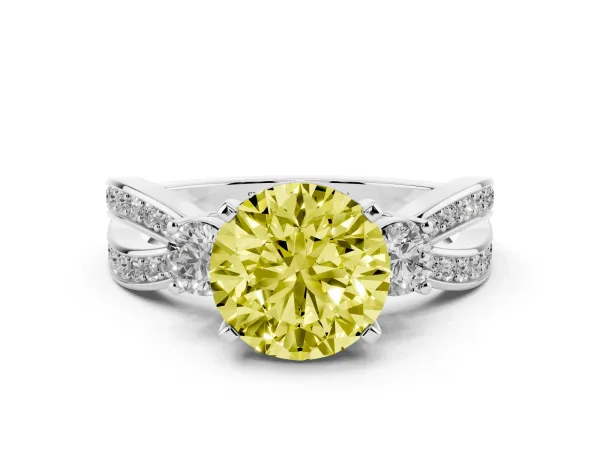 Fancy Yellow Three-Stone Round Cut Cut Diamond Twist Band with Prong Setting White gold