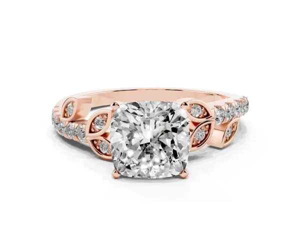 Cushion Cut Solitaire Leaf-Inspired Diamond Ring with Pavé Band and Four-Prong Setting Rose gold