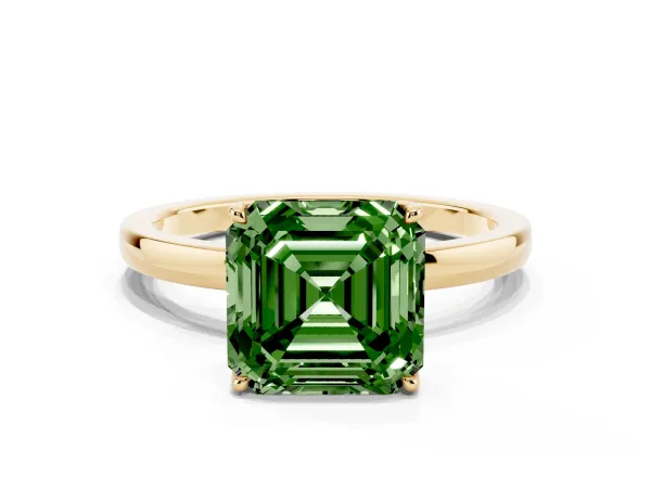 Fancy Green Asscher Cut Diamond Solitaire Ring with Thin Band and Prong Setting Yellow gold