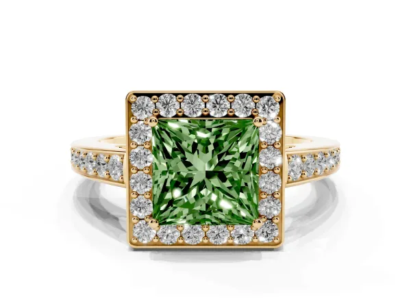 Fancy Green Princess Cut Halo Pavé Diamond Engagement Ring with Bezel Setting Yellow gold
