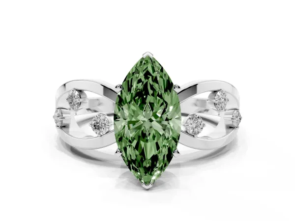 Fancy Green Marquise Cut Cut Solitaire Diamond with Side Stones on Criss-Cross Band and Four-Prong Setting Platinum