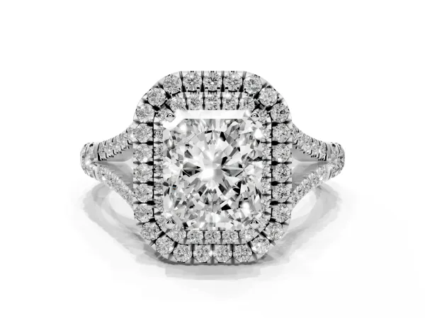 Radiant Cut Diamond Pavé Split Shank Double Halo Engagement Ring White gold