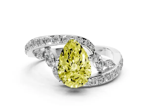 Fancy Yellow Pear Cut Solitaire with Pavé Twist Band and Four-Prong Setting Platinum