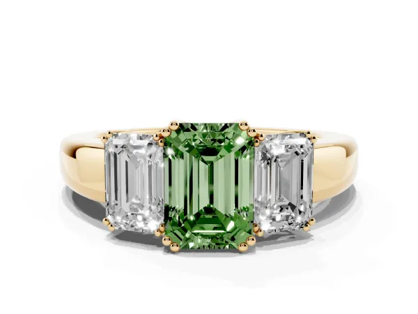 Fancy Green Three-Stone Emerald Cut Cut Diamond Ring with Channel Set Band and Four-Prong Setting Yellow gold