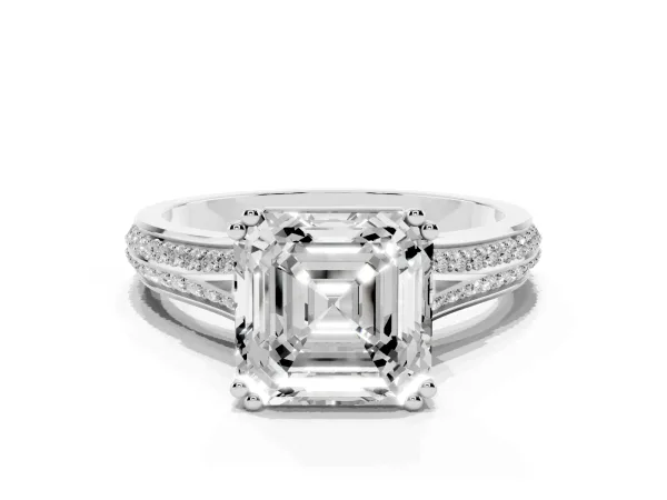 Asscher Cut Diamond Split Shank Engagement Ring with Pavé Band White gold