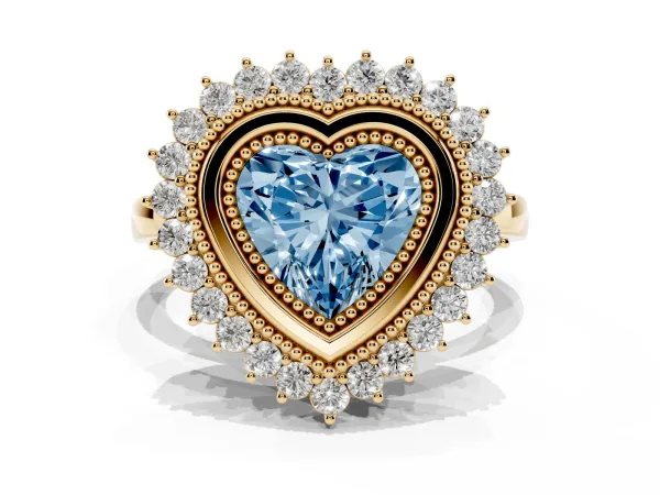 Fancy Blue Heart Cut Halo Diamond Ring with Milgrain Edge and Round Prong Setting Yellow gold
