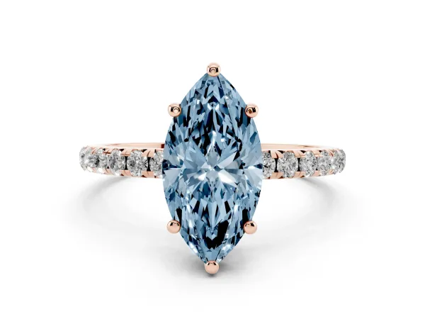 Fancy Blue Marquise Cut Cut Diamond Solitaire Ring with Micro Pave Band and Four Prong Setting Rose gold