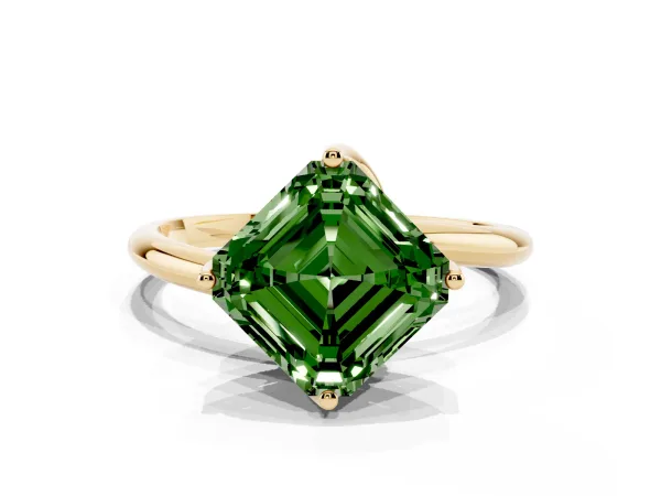 Fancy Green Asscher Cut Diamond Solitaire Engagement Ring with Four-Prong Setting and Classic Band Yellow gold