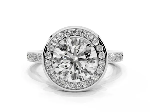 Round Cut Diamond Halo Ring with Bezel Frame and Pavé Band White gold
