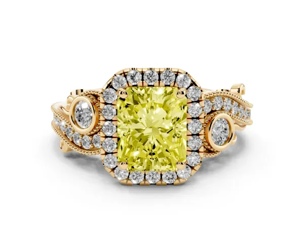 Fancy Yellow Radiant Cut Diamond Halo Ring with Milgrain Pavé Band and Four-Prong Setting Yellow gold