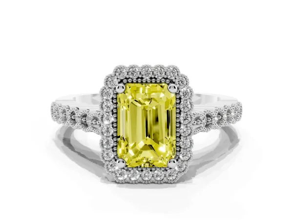 Fancy Yellow Radiant Cut Cut Halo Pavé Solitaire Ring with Milgrain Band Platinum