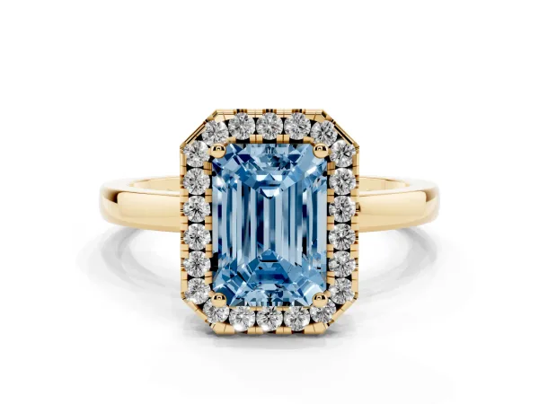 Fancy Blue Emerald Cut Halo Diamond Solitaire with Pavé Band and Four-Prong Setting Yellow gold