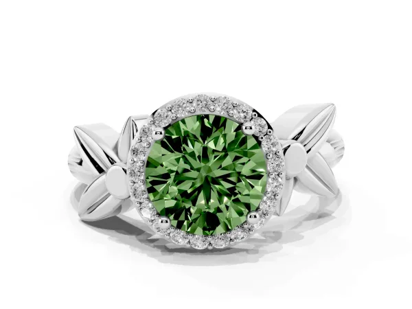 Fancy Green Round Cut Halo Diamond Floral Band with Four-Prong Setting Platinum