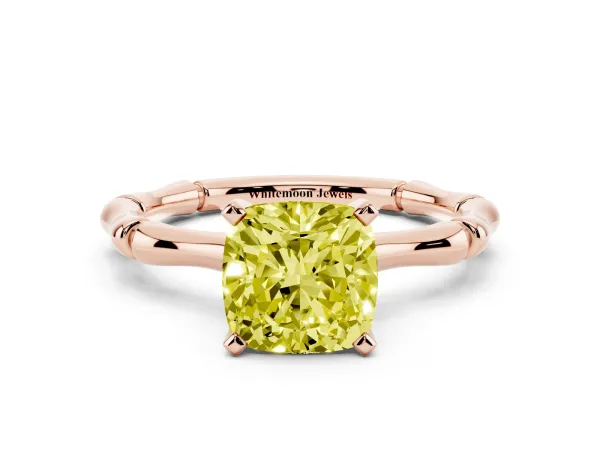 Fancy Yellow Cushion Cut Solitaire Diamond Ring with Bamboo Band and Four-Prong Setting Rose gold