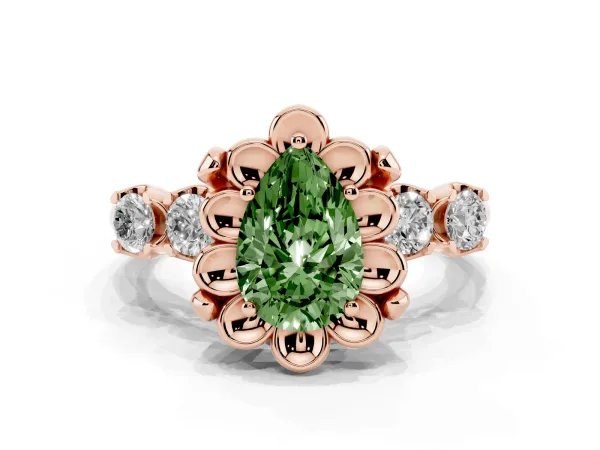 Fancy Green Pear Cut Cut Diamond Floral Halo Engagement Ring with Shared Prong Setting Rose gold