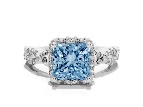 Fancy Blue Princess Cut Halo Twist Band Solitaire Ring with Six-Prong Setting Platinum
