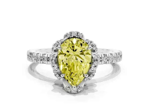 Fancy Yellow Pear Cut Halo Diamond Pave Band Ring with Four-Prong Setting White gold