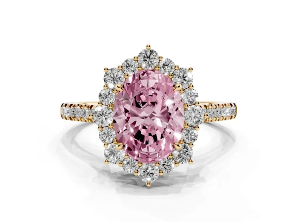 Fancy Pink Oval Cut Halo Diamond Ring with Pavé Band and Prong Setting Yellow gold