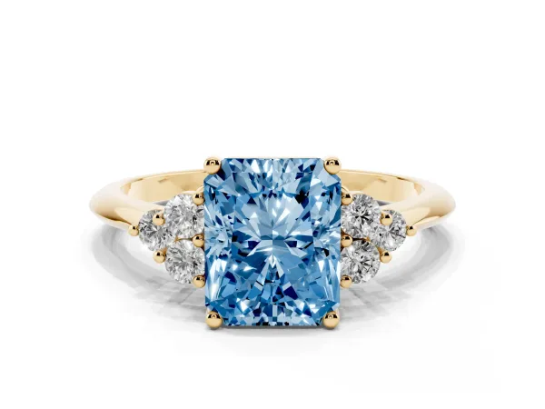 Fancy Blue Radiant Cut Cut Diamond Cluster Ring with Solitaire Band and Four-Prong Setting Yellow gold