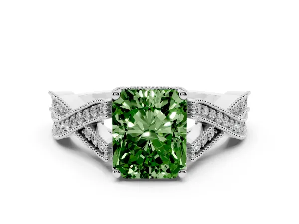 Fancy Green Radiant Cut Cut Diamond Twisted Band with Milgrain Pave Setting and Four-Prong Setting White gold