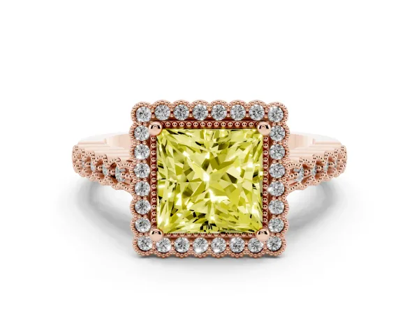 Fancy Yellow Princess Cut Cut Halo Pavé Solitaire Ring with Milgrain Band Rose gold