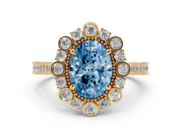Fancy Blue Oval Cut Halo Milgrain Pave Diamond Ring with Four-Prong Setting Yellow gold