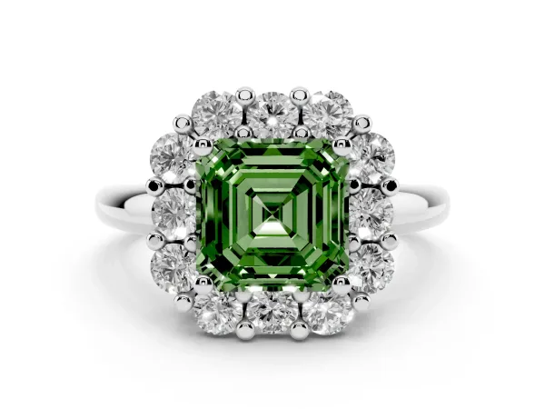 Fancy Green Asscher Cut Halo Cluster Diamond Engagement Ring with Prong Setting and Polished Band White gold