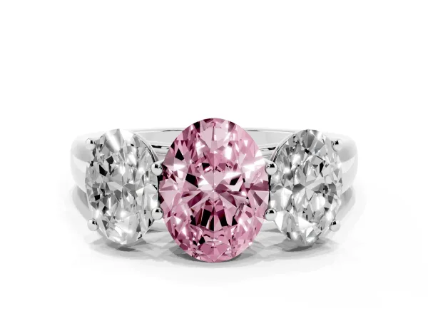 Fancy Pink Oval Cut Three-Stone Diamond Ring with Prong Setting on a Classic Band White gold