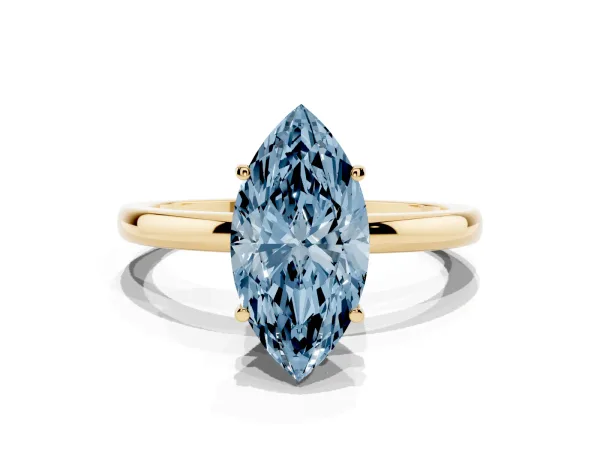 Fancy Blue Marquise Cut Solitaire Diamond Ring with Prong Setting and Plain Band Yellow gold