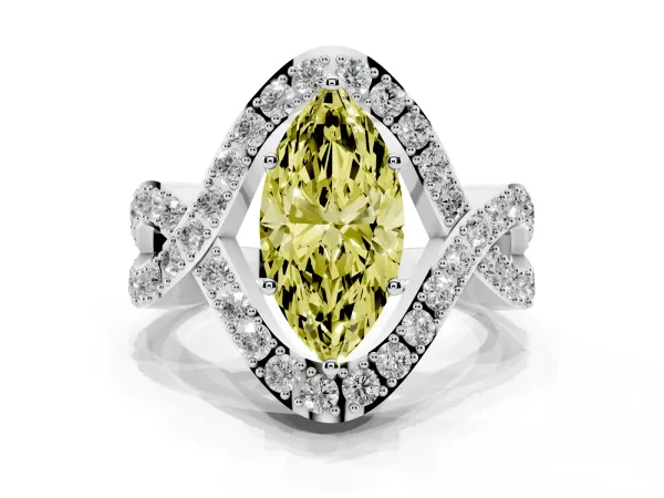 Fancy Yellow Marquise Cut Solitaire Twist Band Pavé Diamond Engagement Ring White gold