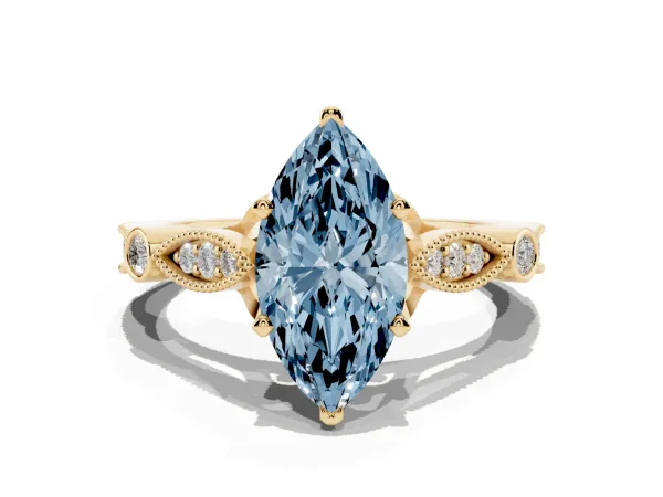 Fancy Blue Marquise Cut Cut Diamond with Milgrain Marquise and Bezel Accents on a Solitaire Band with Prong Setting Yellow gold