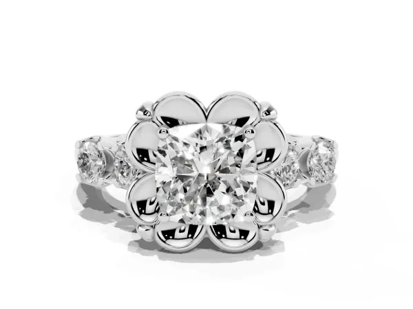 Cushion Cut Cut Diamond Floral Halo Engagement Ring with Shared Prong Setting Platinum
