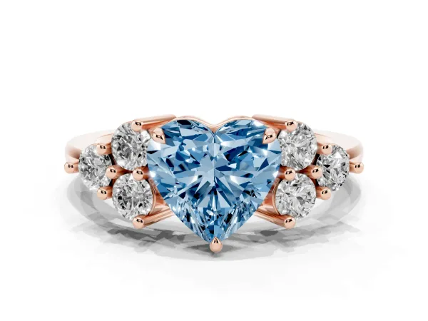 Fancy Blue Heart Cut Brilliant Diamond Cluster Accent Solitaire Ring with Prong Setting Rose gold