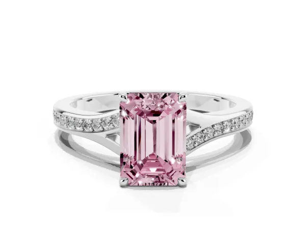Fancy Pink Emerald Cut Diamond Solitaire Ring with Pavé Band and Prong Setting Platinum