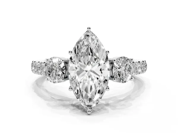 Marquise Cut Cut Diamond Three-Stone Ring with Round Side Stones and Pavé Band Platinum