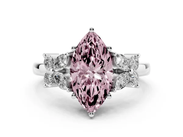 Fancy Pink Marquise Cut Diamond Floral Cluster Ring with Solitaire Band and Prong Setting White gold