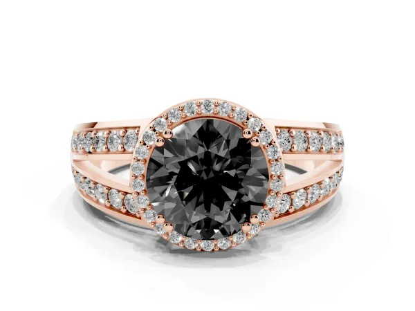 Fancy Black Round Cut Diamond Halo Ring with Split Shank Pavé Band and Four-Prong Setting Rose gold