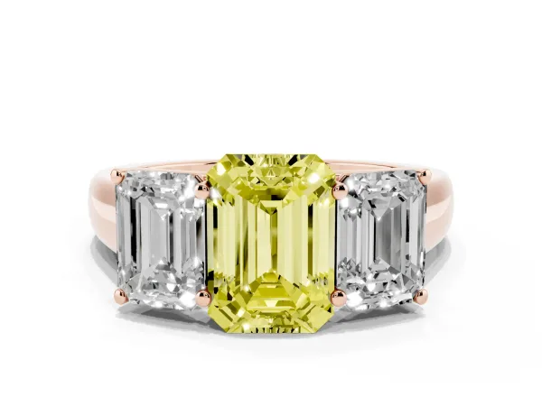 Fancy Yellow Emerald Cut Three-Stone Diamond Ring with Prong Setting on a Classic Band Rose gold