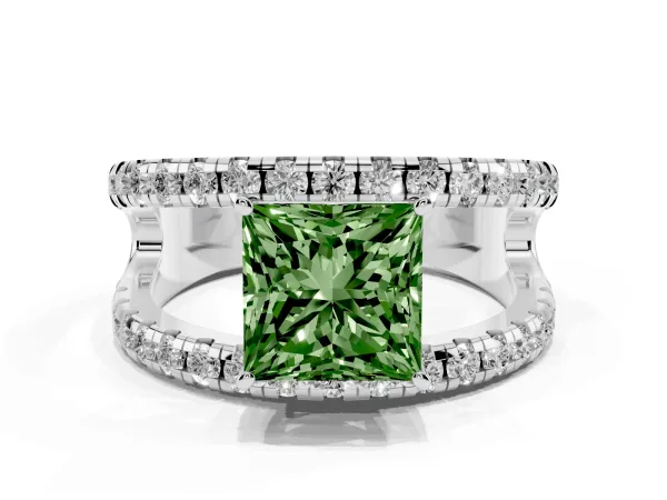Fancy Green Princess Cut Solitaire Split Shank Pave Diamond Ring White gold