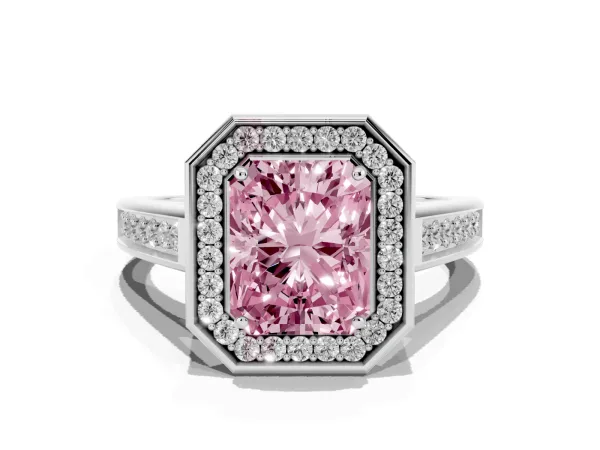 Fancy Pink Radiant Cut Halo Solitaire Diamond Ring with Pave Band and Bezel Setting Platinum