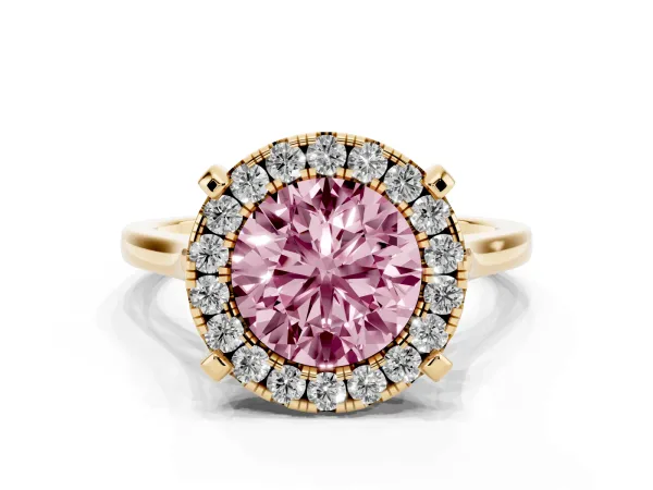 Fancy Pink Round Cut Diamond Cluster Halo Solitaire with Four-Prong Setting Yellow gold