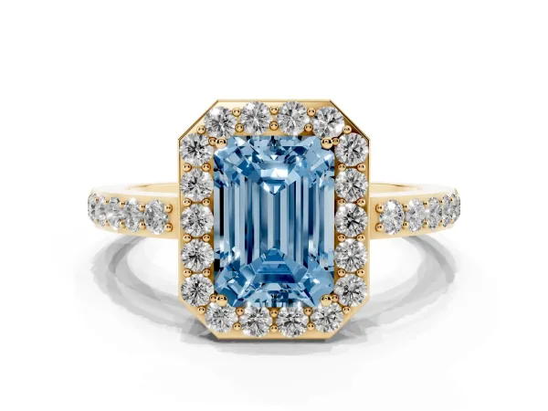 Fancy Blue Emerald Cut Halo Diamond Pavé Band Ring with Prong Setting Yellow gold