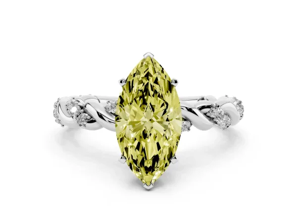 Fancy Yellow Marquise Cut Diamond Solitaire Ring with Twisted Band and Pavé Accents White gold
