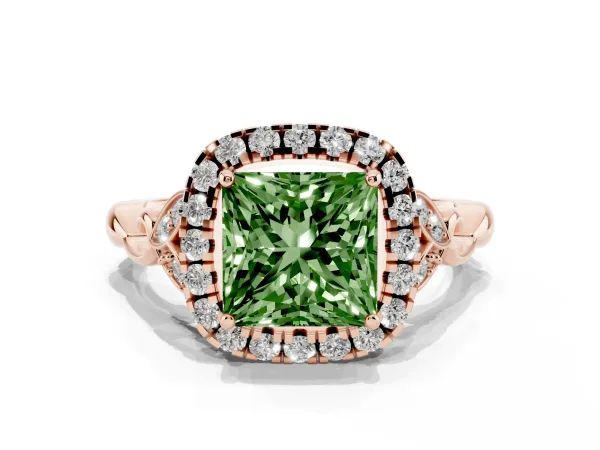 Fancy Green Princess Cut Halo Diamond Engagement Ring with Vintage-Inspired Band and Four-Prong Setting Rose gold