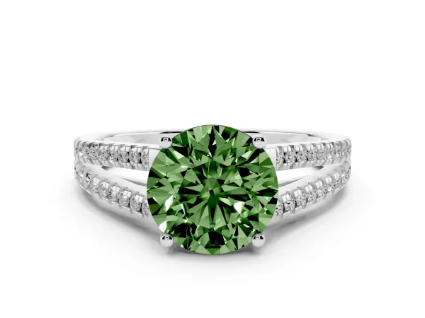 Fancy Green Round Cut Diamond Solitaire Engagement Ring with Split Shank Pavé Band White gold