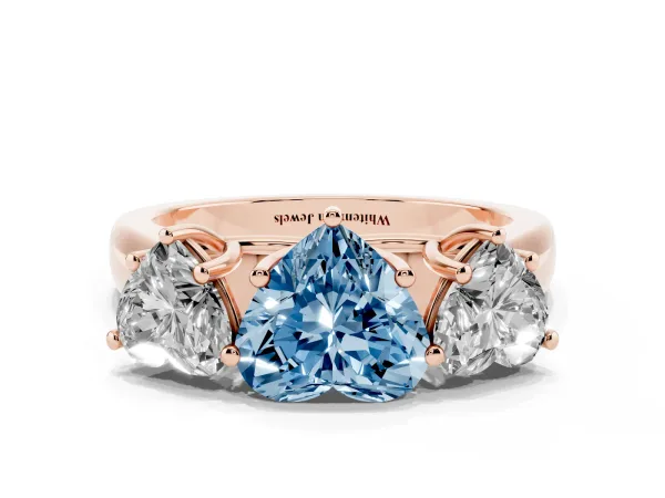 Fancy Blue Heart Cut Three-Stone Diamond Ring with Prong Setting on a Classic Band Rose gold